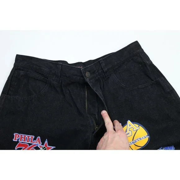 NOS Vintage Streetwear Mens 36x30 NBA Basketball Team Logo Baggy Wide Leg Jeans